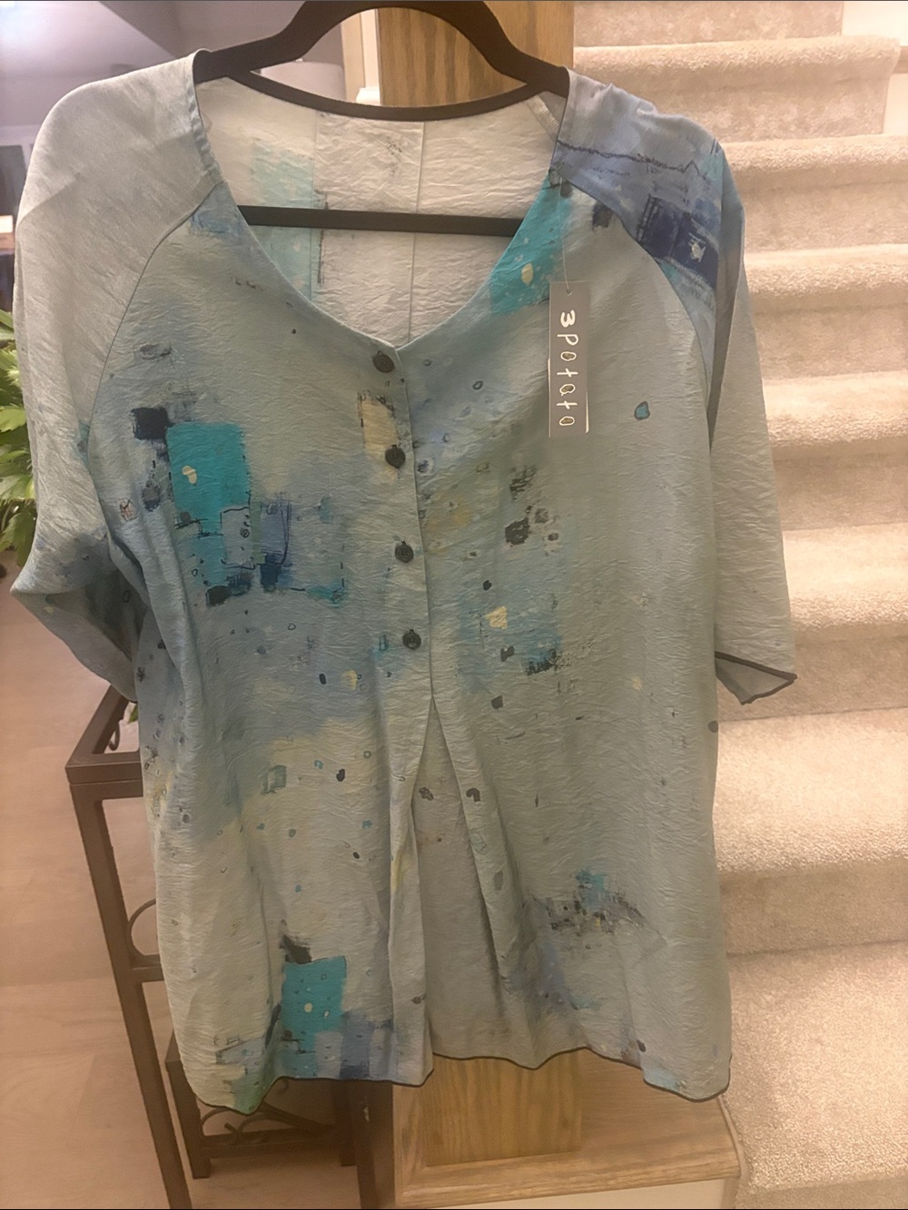 NWT 3 Potato S/M Blue Abstract Art to Wear Lagenlook Button Front Dress or tunic